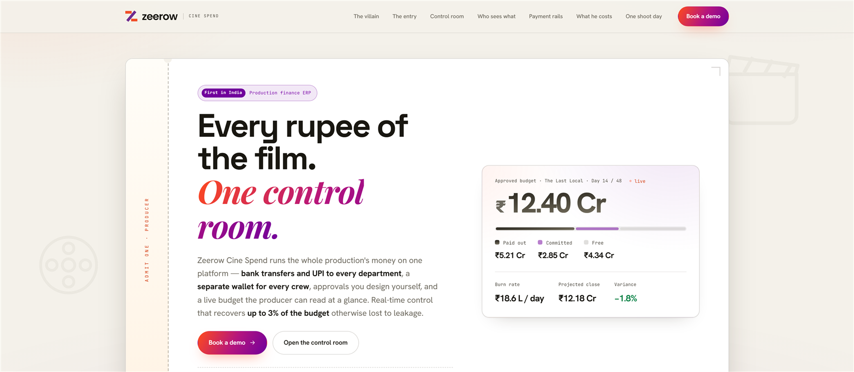 The real Zeerow Cine Spend website: 'Every rupee of the film. One control room.' — a live approved-budget dashboard showing ₹12.40 Cr committed, paid-out and free amounts, burn rate and projected close for a production called The Last Local.